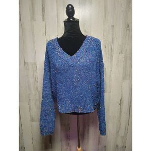Cloud Ten Women’s V Neck Sweater Blue With Rainbow Polka Dots Large